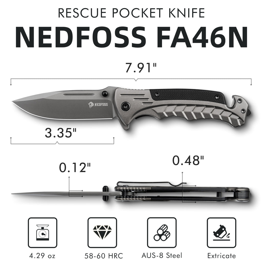 NedFoss FA46N 3.35″ AUS-8 Steel 3-in-1 Tactical Rescue Folding Knife with Ultralight Aluminum Handle