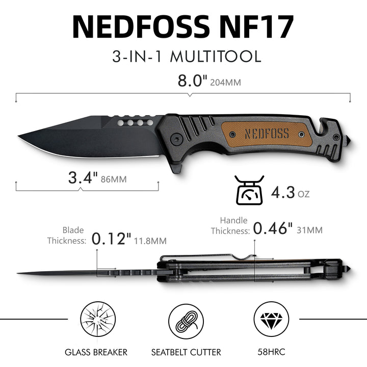 NedFoss NF17 3 in 1 Pocket Folding Knife with Liner-Lock Belt Clip, Seat Belt Cutter and Glass Breaker