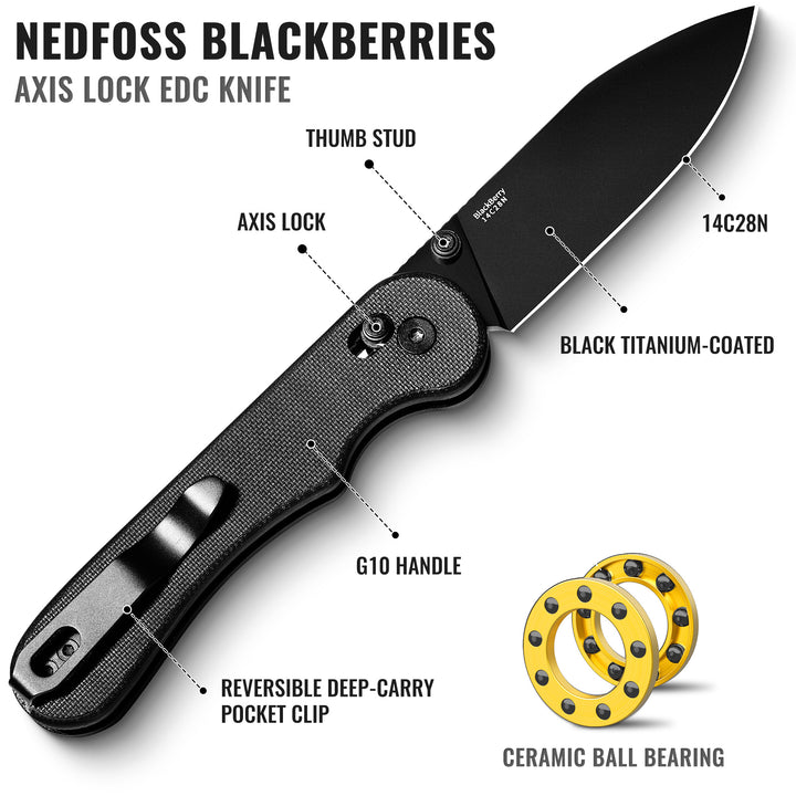 NedFoss BLACKBERRIES 2.9" PVD Black 14C28N Steel Blade EDC Folding Pocket Knife with G10 Handle
