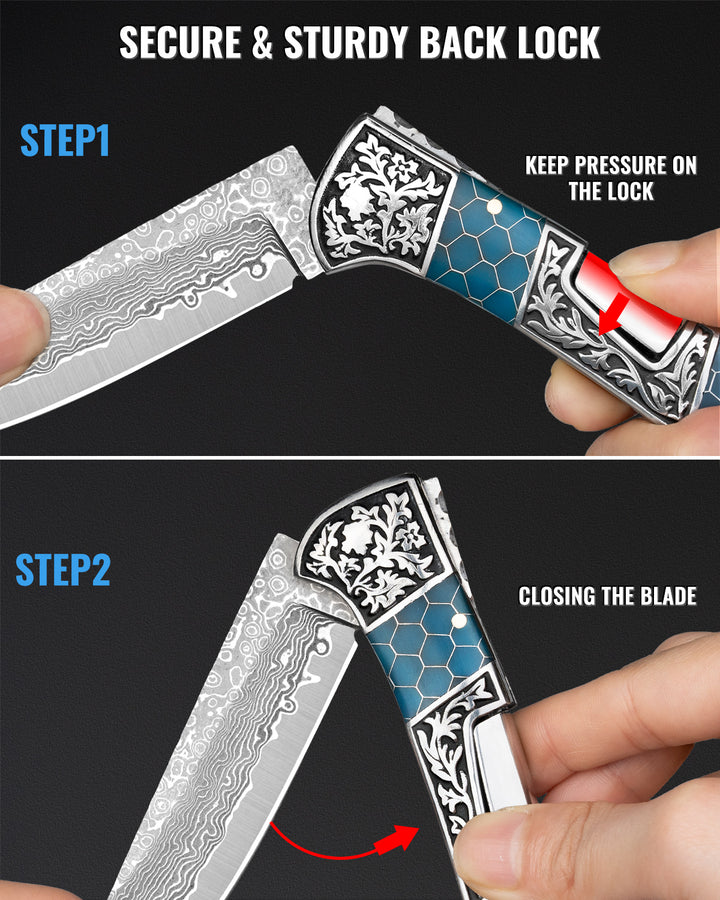 NedFoss SMILODON Damascus Pocket Knife for Men, 4" Back Lock Folding Knife, Luminous Resin and Engraved 3D Tiger Relief Handle, Pocket Clip, Cool Knives Personalized Gift for Collection