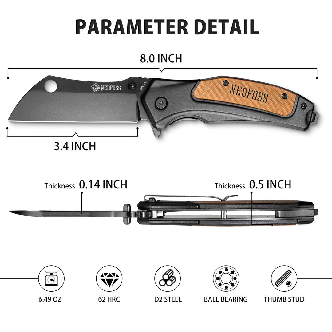 Nedfoss Mieba 3.35" D2 Steel Blade Folding Cleaver Pocket Knives with Clip