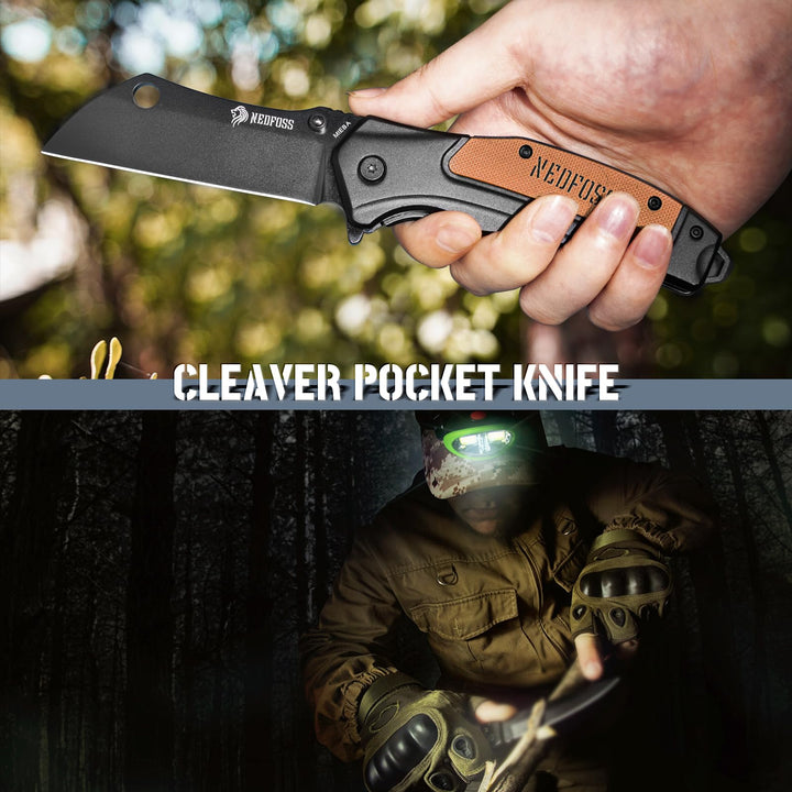 Nedfoss Mieba 3.35" D2 Steel Blade Folding Cleaver Pocket Knives with Clip