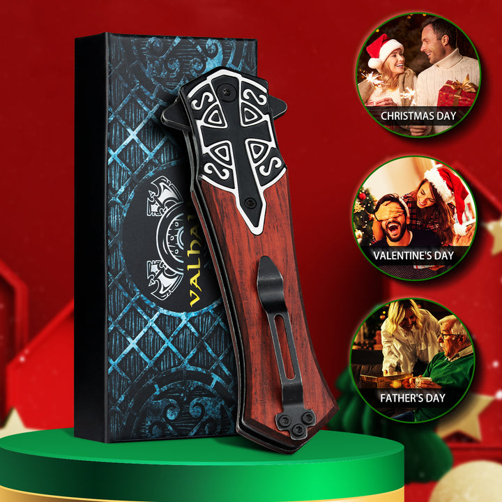 VALHALLA PASTOR Pocket Knife, 3.7'' D2 Steel Blade, 3D Retro Embossed, Liner Lock