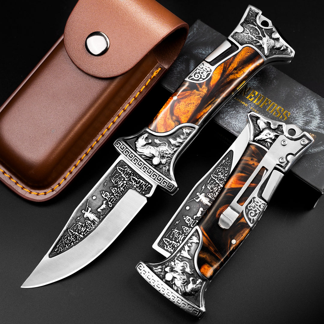 NedFoss Tiger-roar Pocket Knife with 3.5" Engraved Blade, Back Lock