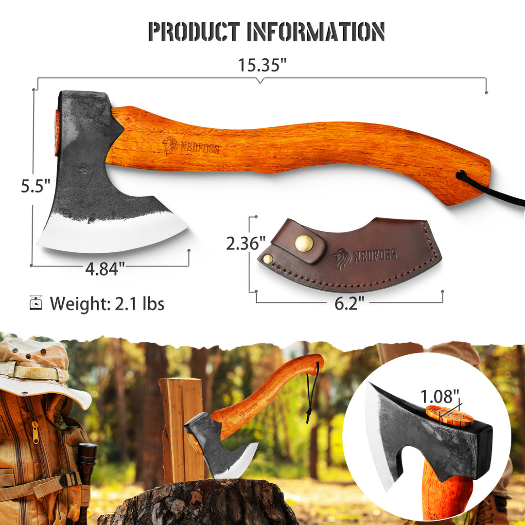 NEDFOSS Camping Hatchet Axe, 15.35" Wooden Handle Bushcraft Axe with Sheath, Viking Axe with Steel Wedge, Hand Forged Hatchets for Camping and Survival, Gift for Men