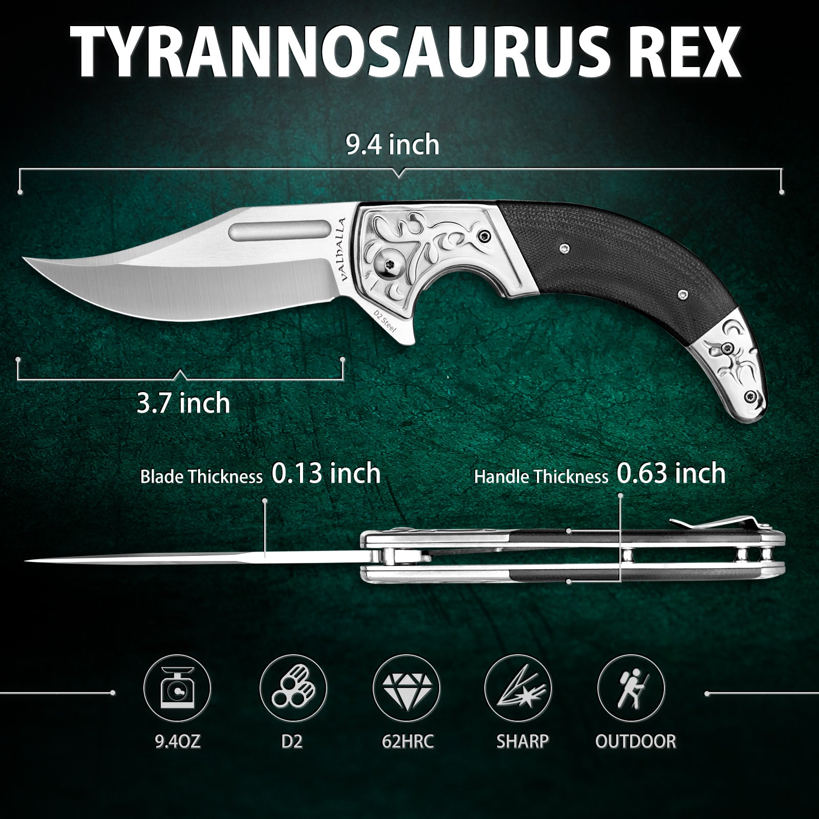 VALHALLA TYRANNOSAURUS REX Big Pocket Knife, 3.7'' D2 Steel Blade