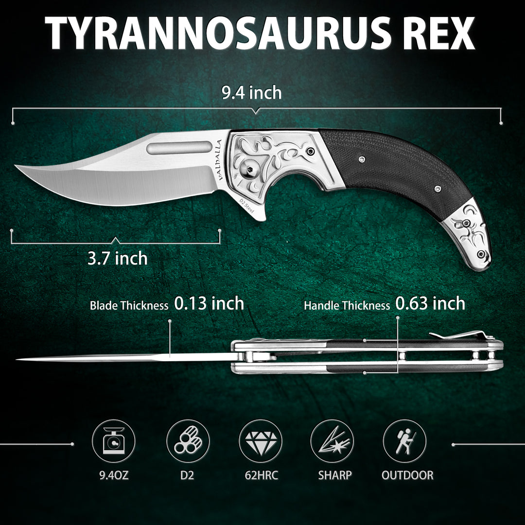 VALHALLA TYRANNOSAURUS REX Big Pocket Knife, 3.7'' D2 Steel Blade, G10 Handle