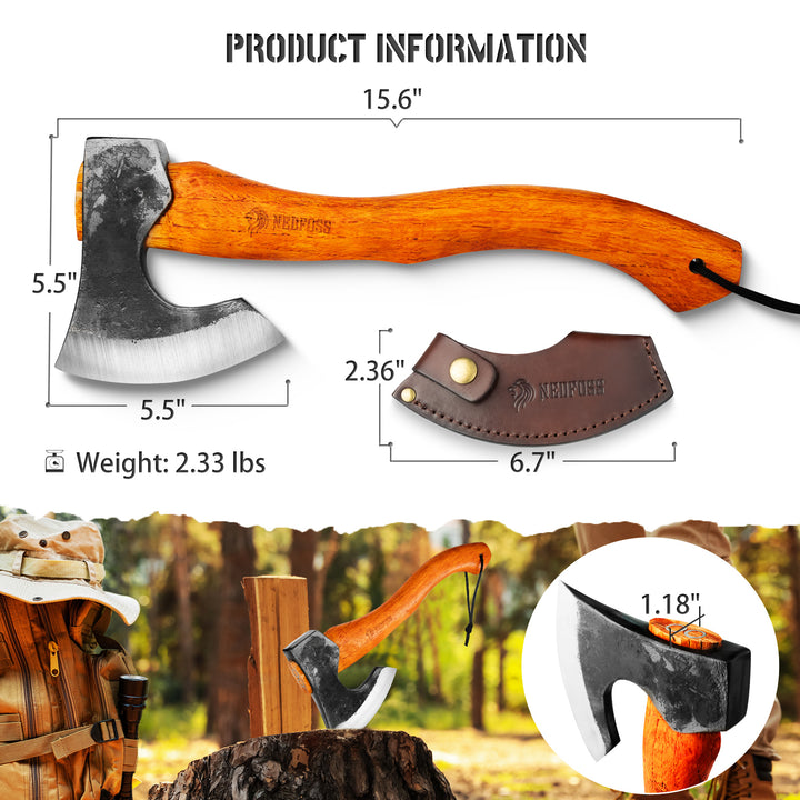 NEDFOSS Camping Hatchet Axe, 15.6" Wooden Handle Bushcraft Axe with Sheath, Viking Axe with Steel Wedge, Hand Forged Hatchets for Camping and Survival, Gift for Men