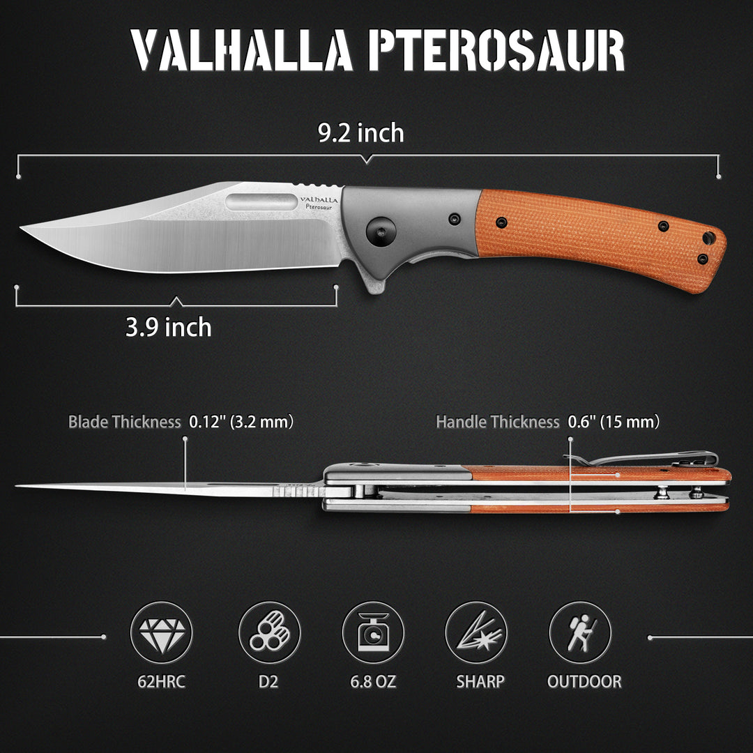 VALHALLA PTEROSAUR Pocket Knife, 3.9'' D2 Steel Folding Knife with Micarta Handle, Pocket Knife for Men, Cool Knives, Hunting Knife, Gifts for Men