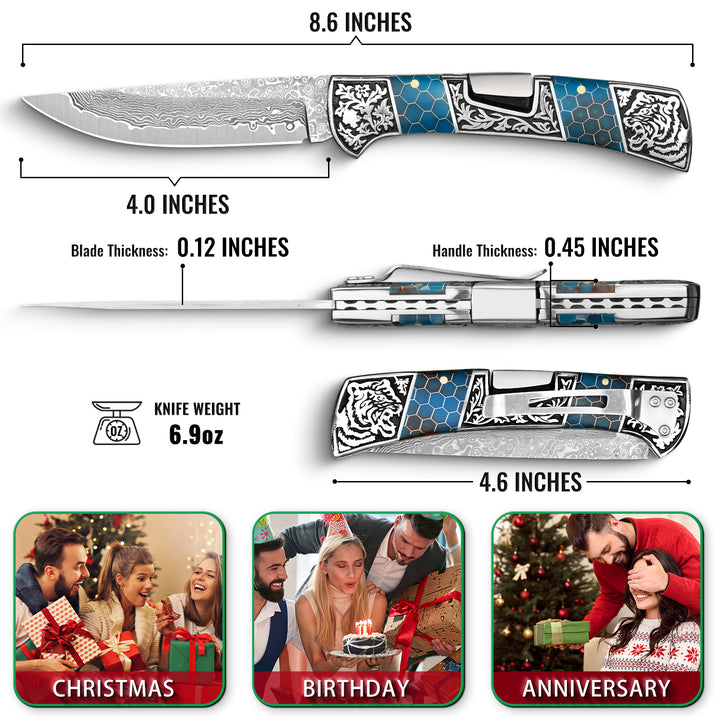 NedFoss SMILODON Damascus Pocket Knife for Men, 4" Back Lock Folding Knife, Luminous Resin and Engraved 3D Tiger Relief Handle, Pocket Clip, Cool Knives Personalized Gift for Collection