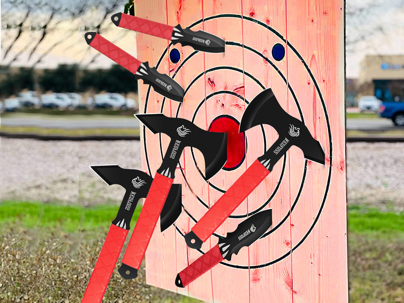NedFoss Throwing Knives, Throwing Axes Pack of 6, 11.7" Full Tang Axe Throwing Set with TRB Rubber, Throwing Game of Fixed Blade Knife with Nylon Sheath for Recreation
