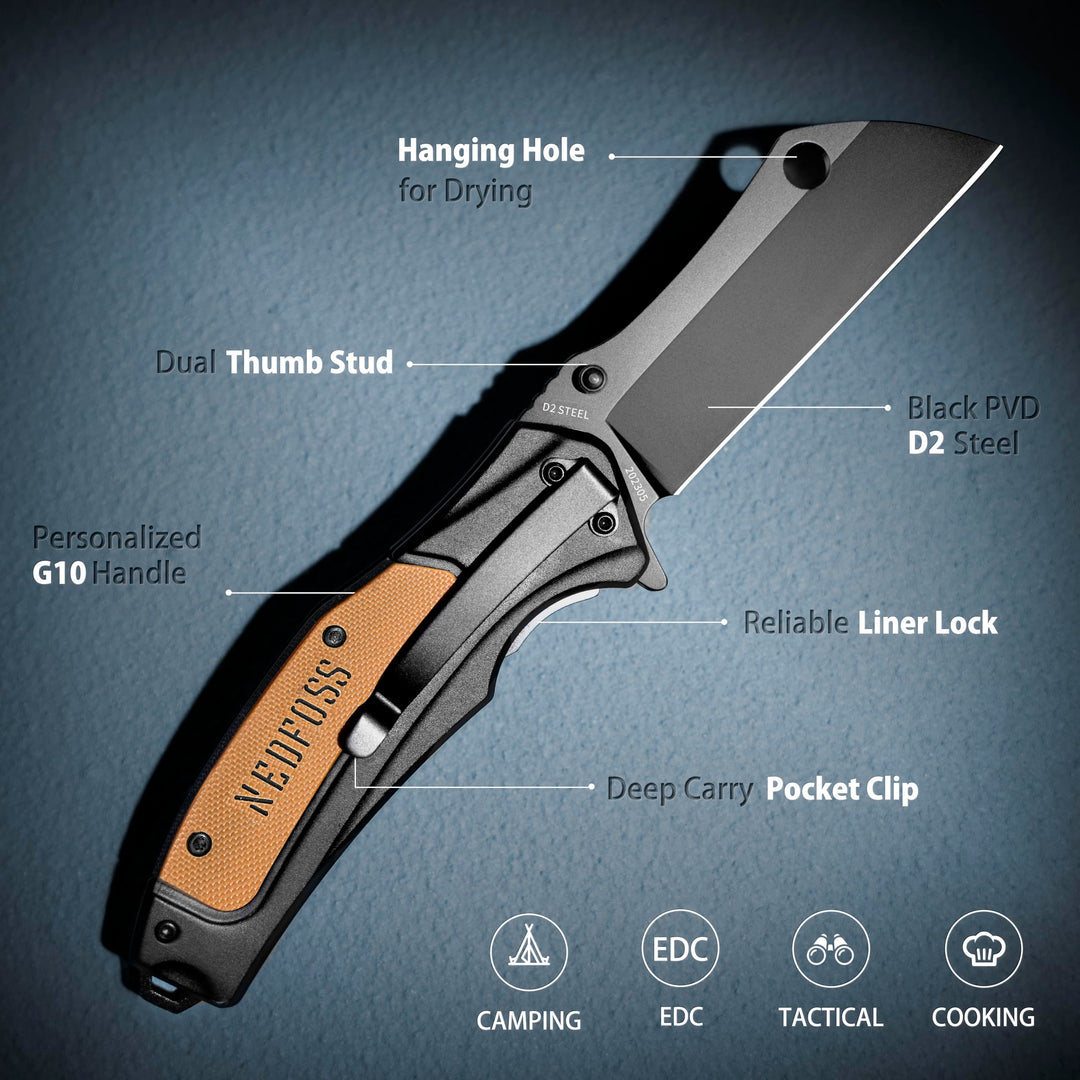 Nedfoss Mieba 3.35" D2 Steel Blade Folding Cleaver Pocket Knives with Clip