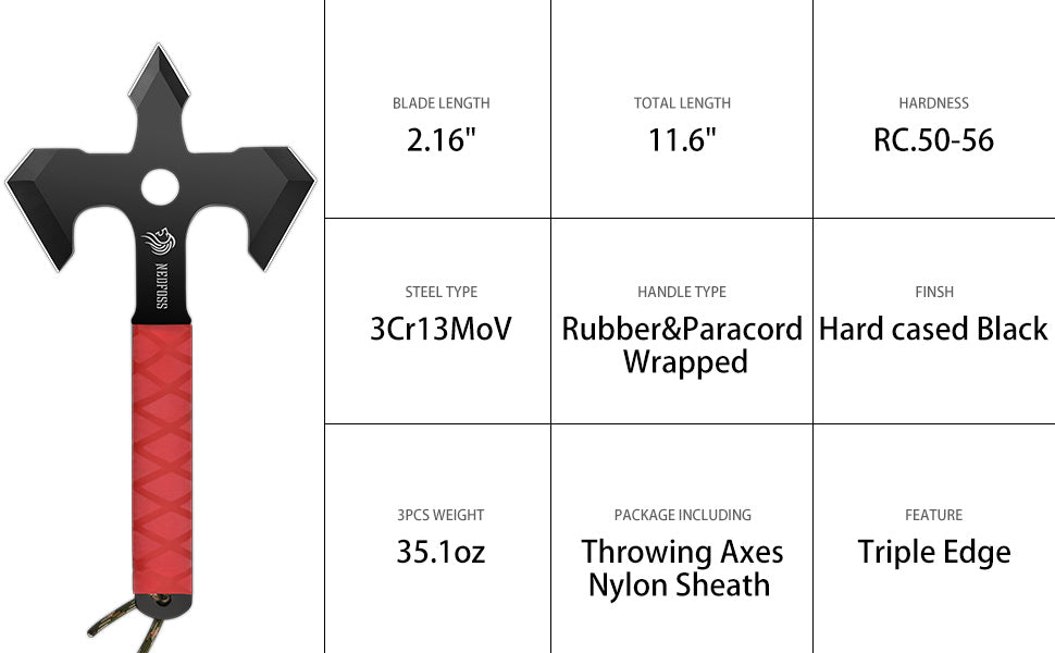 NedFoss Wurfäxte und Tomahawks, 3er-Pack einteilige dreischneidige Wurfaxt aus Stahl mit Scheide, 2,16-Zoll-Wurfaxt-Set mit mit Paracord umwickeltem Gummigriff für Axtwurfspiele 