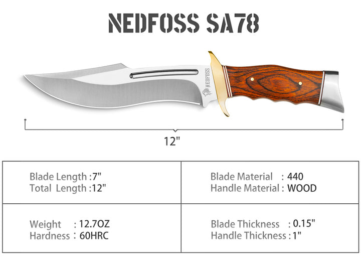 NedFoss SA78 Messer mit feststehender Klinge und Lederscheide, Überlebens-Campingmesser, Full Tang-Klinge, Bowie-Messer, Outdoor-Jagdmesser mit 440-Edelstahlklinge und Clip, 12,5-Zoll-Kampfmesser zum Wandern