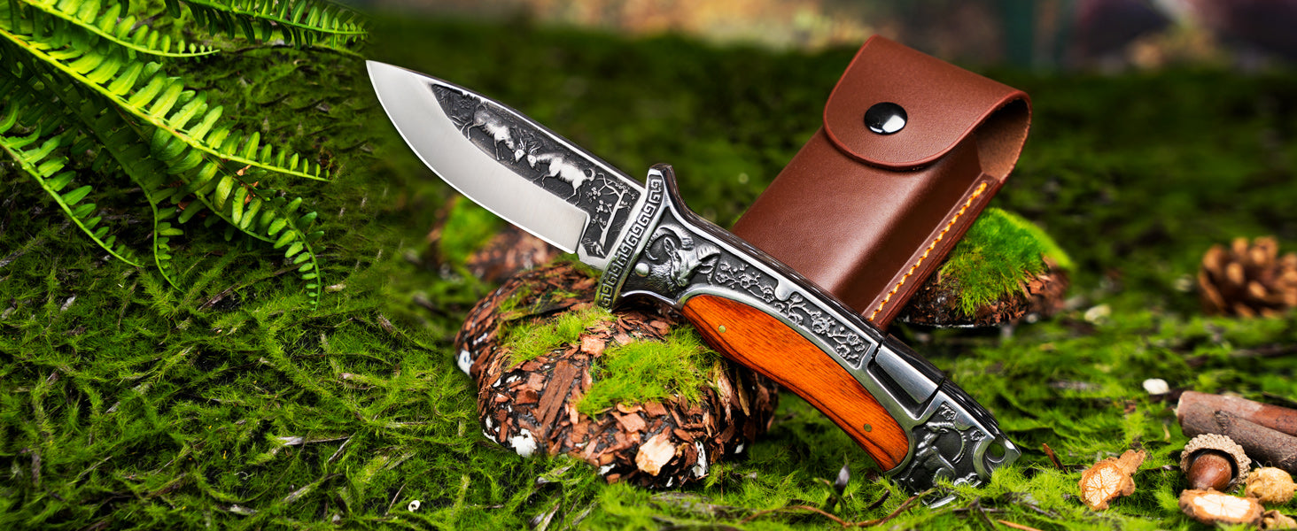 Rams Folding Pocket Knife with Engraved Blade and Wood Handle