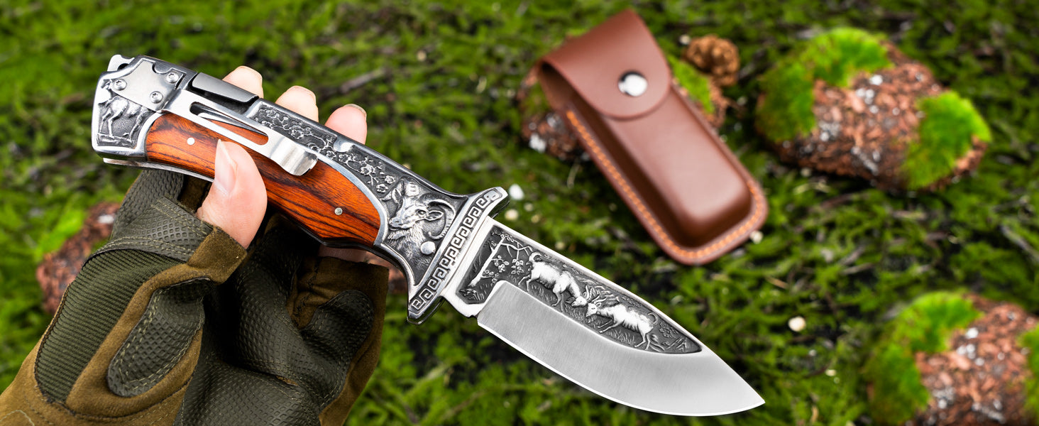 Rams Folding Pocket Knife with Engraved Blade and Wood Handle