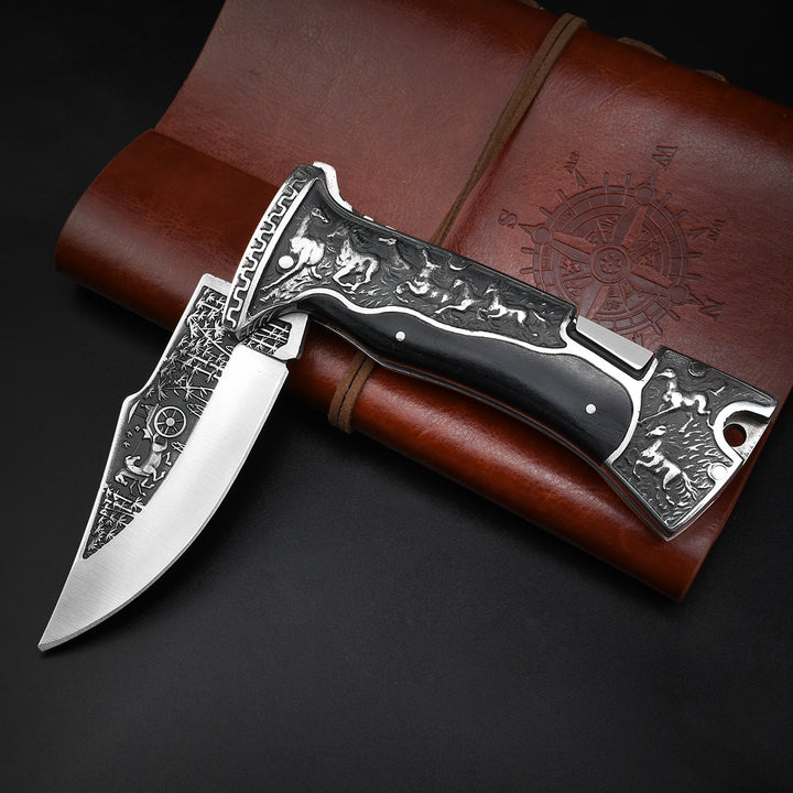 NedFoss Horse Pocket Folding Knife, 3.9" 440C Blade and Engraved Handle