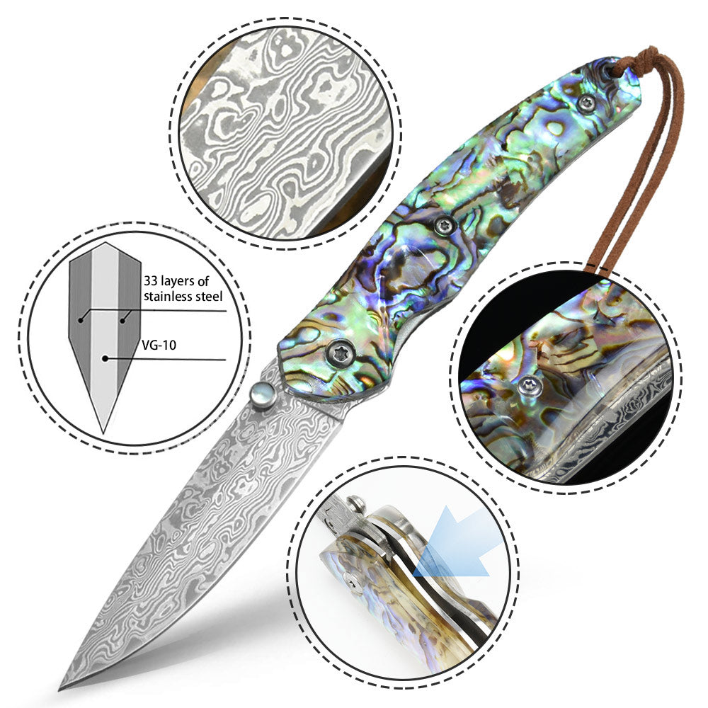 Polar-Bear Damascus Pocket Knife with Damascus Steel Blade