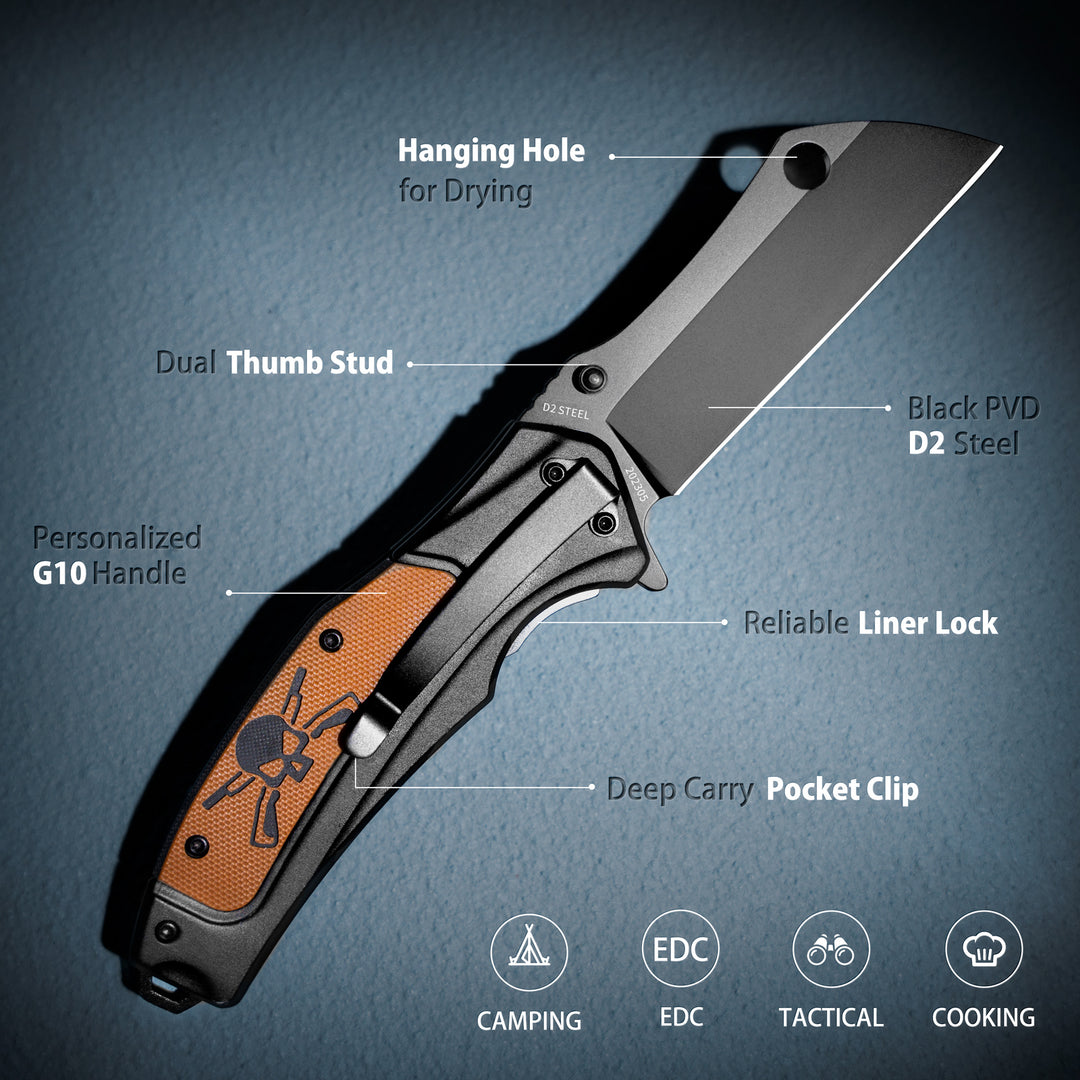 Mieba Pocket Knife, D2 Steel Blade Folding Cleaver Pocket Knives with Clip, Unique Skull G10 Handle, Black Tactical Camping EDC Knife