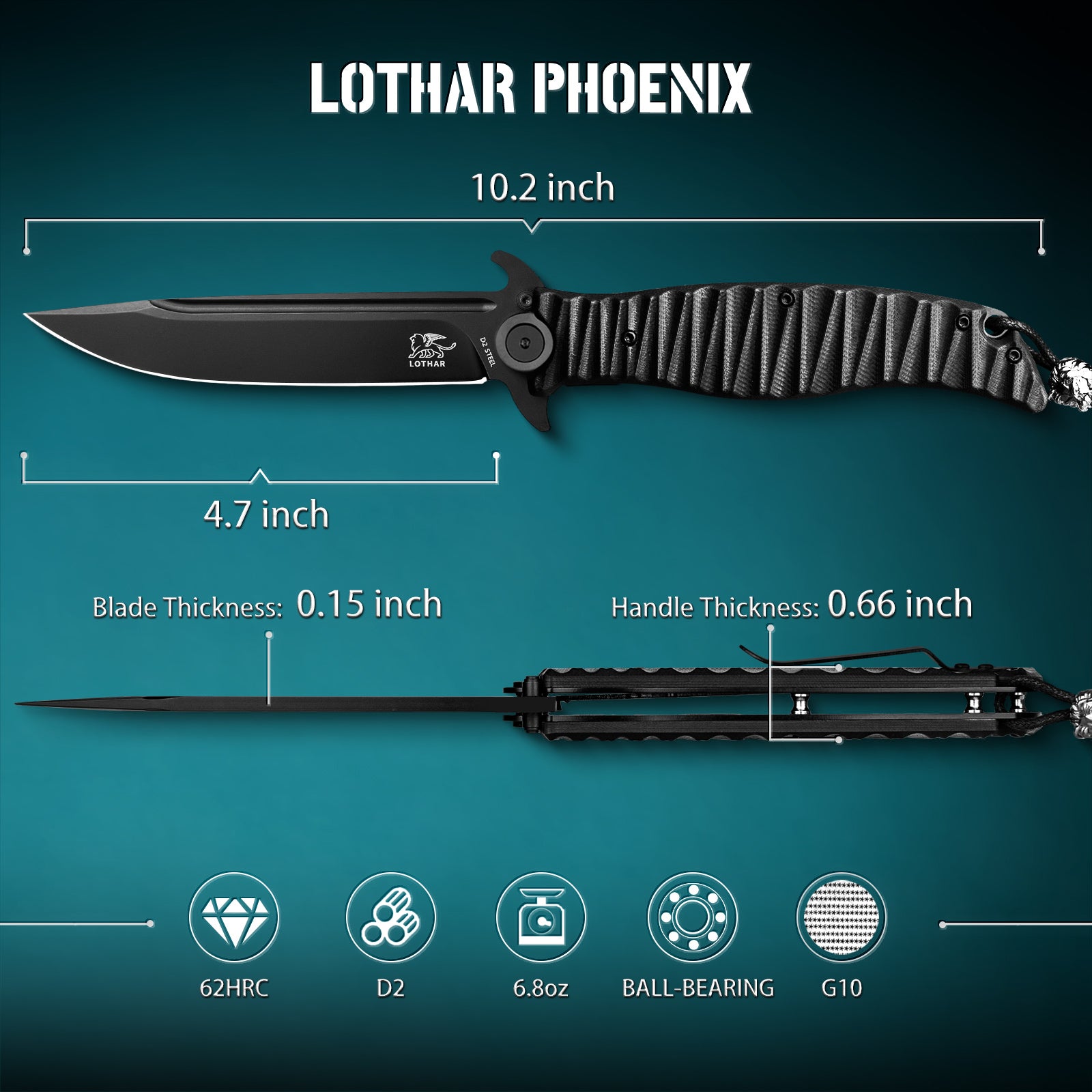 LOTHAR PHOENIX 5'' D2 Steel Blade Large Tactical Pocket Knife with