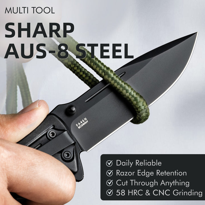 NedFoss FA46N EDC Pocket Knife – 3.35″ AUS-8 Steel 3-in-1 Tactical Rescue Folding Knife, Glass Breaker & Seatbelt Cutter, Ultralight Aluminum Handle, Reinforced Deep-Carry Clip for Camping & Utility