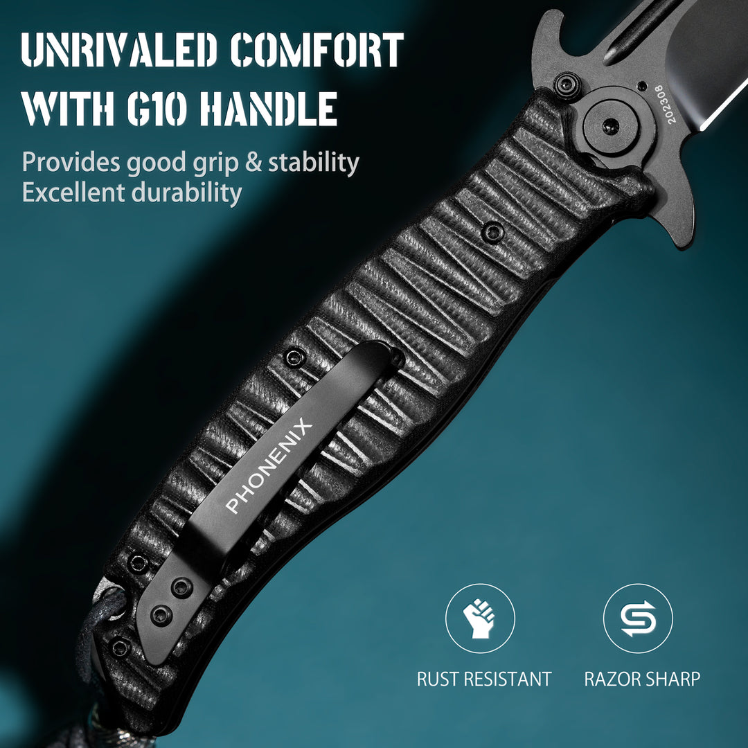 LOTHAR PHOENIX 5‘’ D2 Steel Blade Large Tactical Pocket Knife with Black G10 Handle, Flipper Assisted Opening