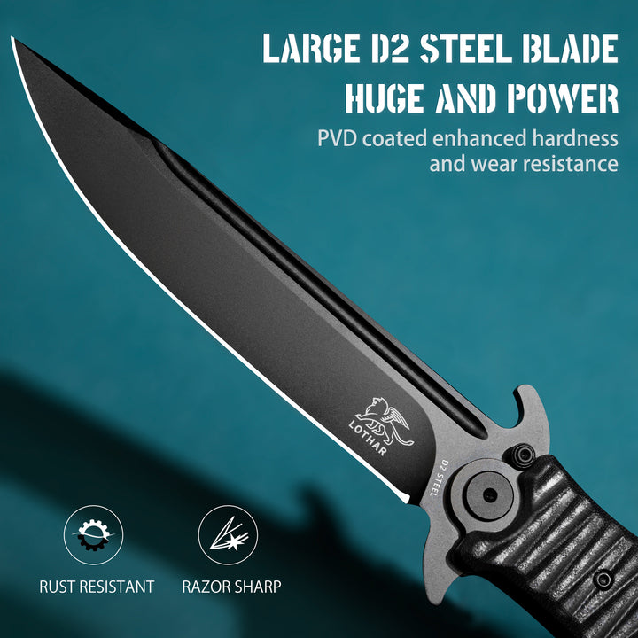 LOTHAR PHOENIX 5‘’ D2 Steel Blade Large Tactical Pocket Knife with Black G10 Handle, Flipper Assisted Opening