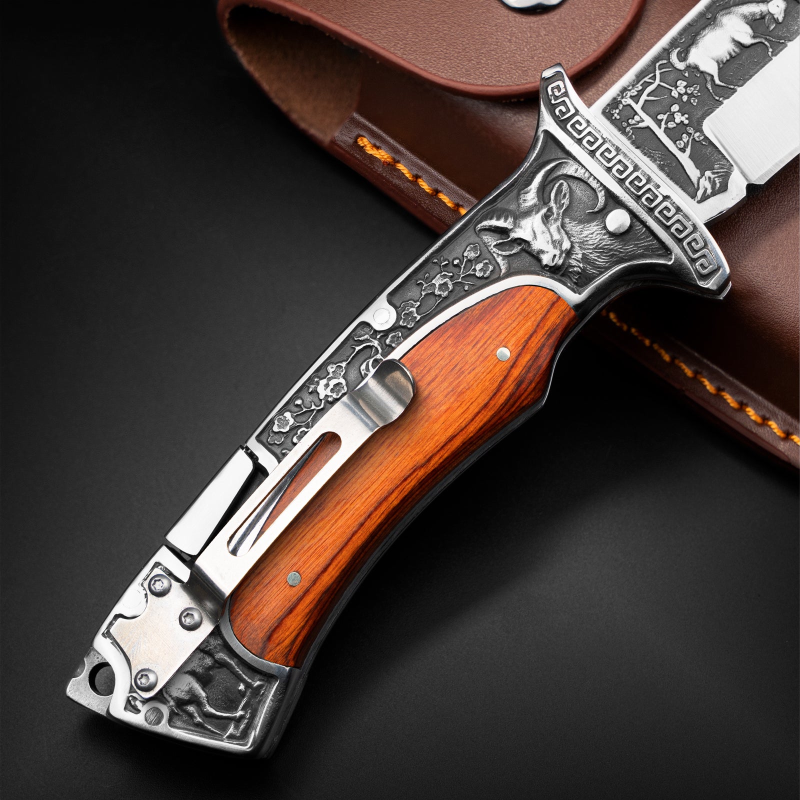 Rams Folding Pocket Knife with Engraved Blade and Wood Handle