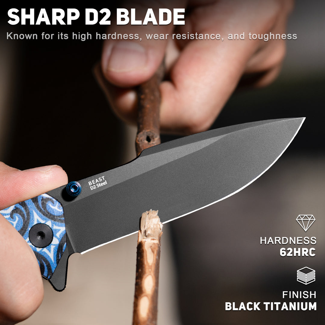 NedFoss BEAST 3.42" Black D2 Steel Folding Pocket Knife  with Blue Totem G10 Handle