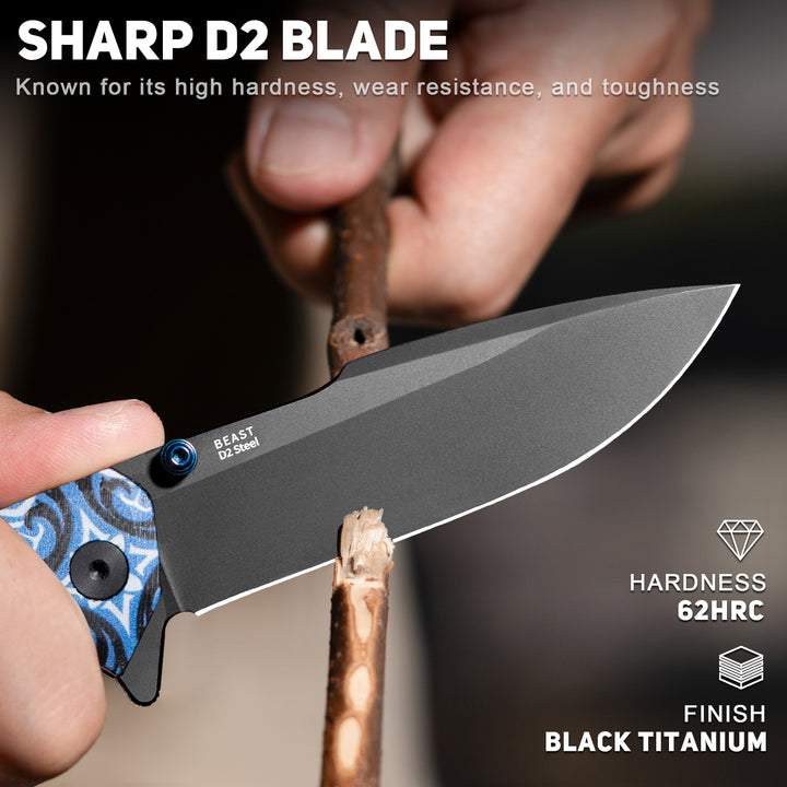 NedFoss BEAST 3.42" Black D2 Steel Folding Pocket Knife  with Blue Totem G10 Handle