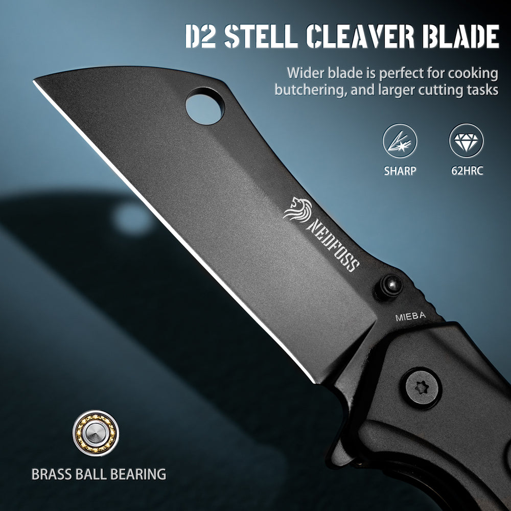 Mieba Pocket Knife, D2 Steel Blade Folding Cleaver Pocket Knives with Clip, Unique Skull G10 Handle, Black Tactical Camping EDC Knife