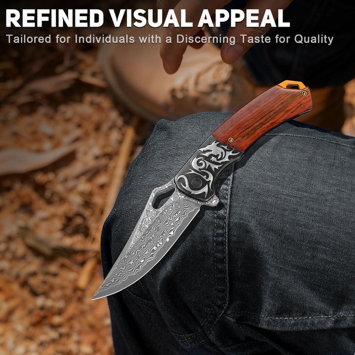 NedFoss PTEROSAUR Damascus Pocket Knife for Men, Handmade Forged VG10 Damascus Folding Knife with Sandalwood, Pocket Clip