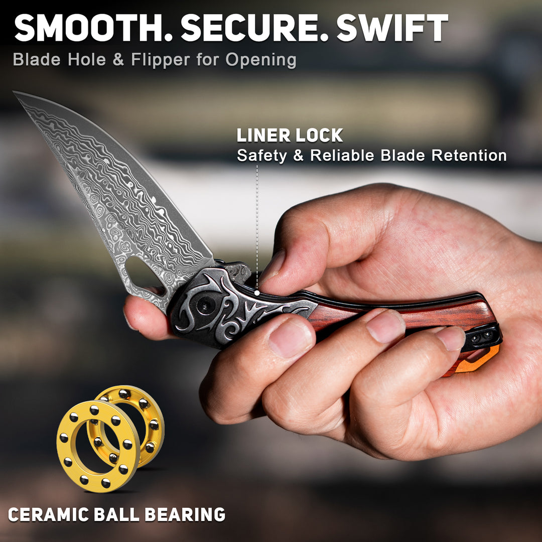 NedFoss PTEROSAUR Damascus Pocket Knife for Men, Handmade Forged VG10 Damascus Folding Knife with Sandalwood, Pocket Clip