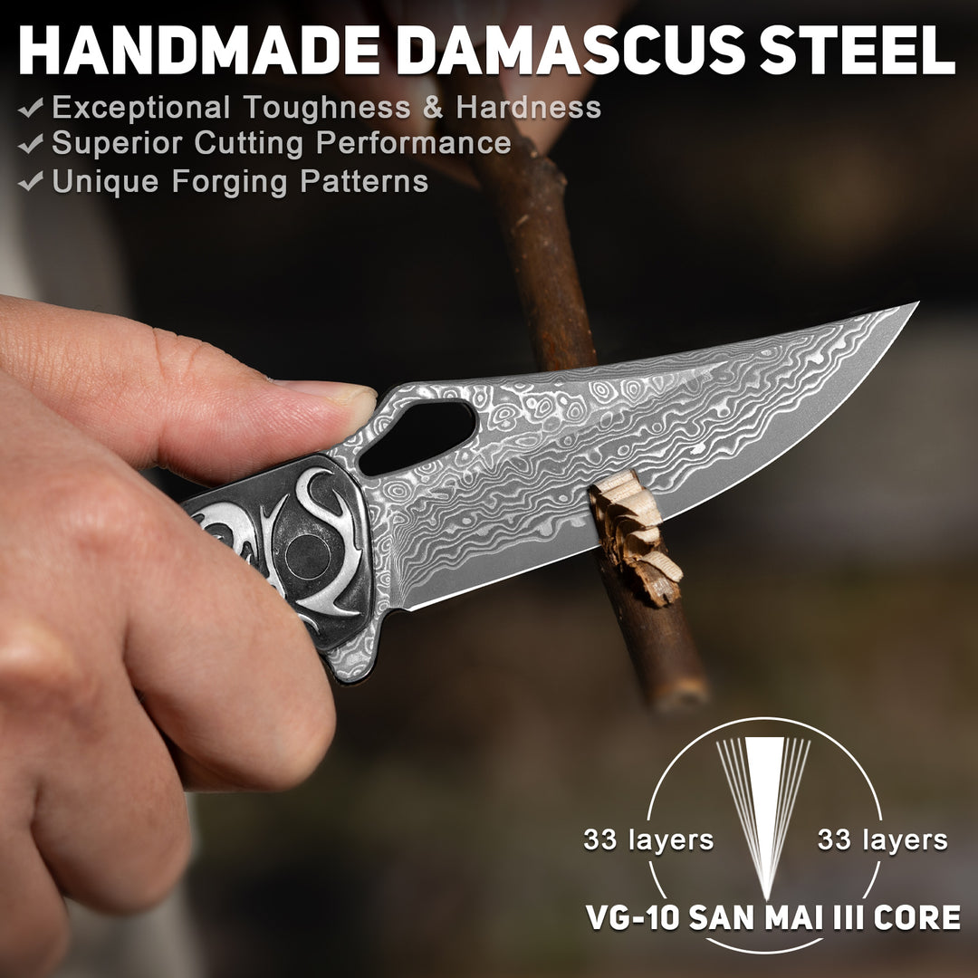 NedFoss PTEROSAUR Damascus Pocket Knife for Men, Handmade Forged VG10 Damascus Folding Knife with Sandalwood, Pocket Clip