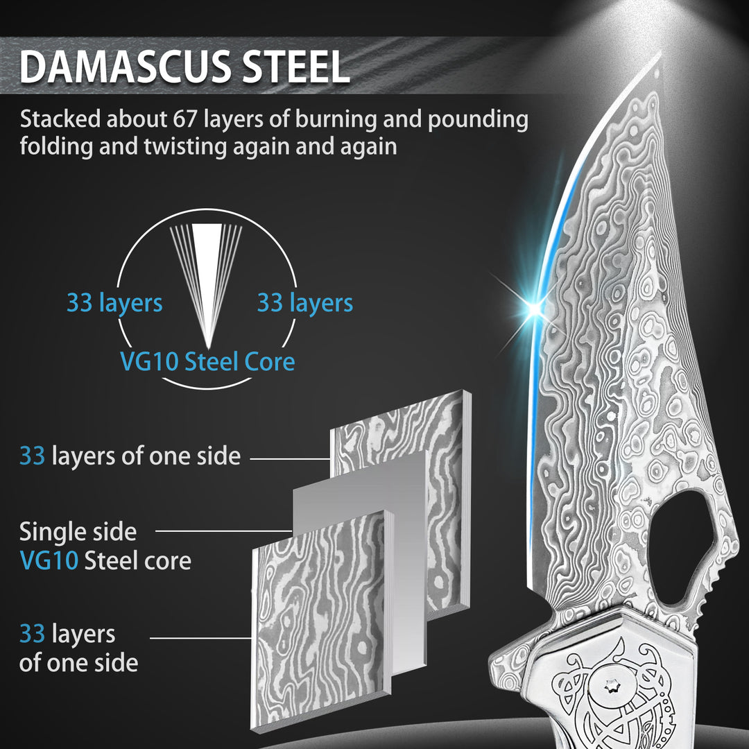 NedFoss Pterosaur Damascus Pocket Knife, 3.5" VG10 Damascus Steel Blade and Sandalwood Handle, Comes with Leather Sheath