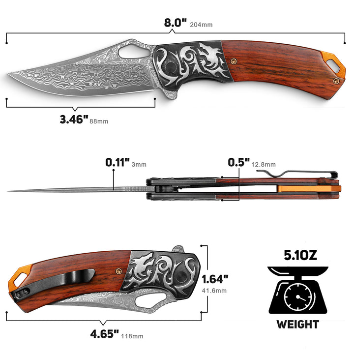 NedFoss PTEROSAUR Damascus Pocket Knife for Men, Handmade Forged VG10 Damascus Folding Knife with Sandalwood, Pocket Clip