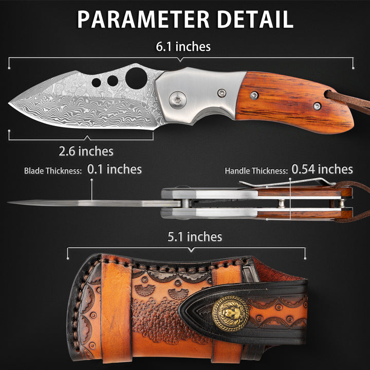 Parrot  Damascus Pocket Knife with Sandalwood Handle, Comes With Leather Sheath