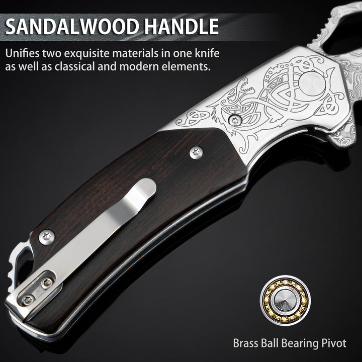 Pterosaur Damascus Pocket Knife, VG10 Damascus Steel Blade and Sandalwood Handle, Comes with Leather Sheath