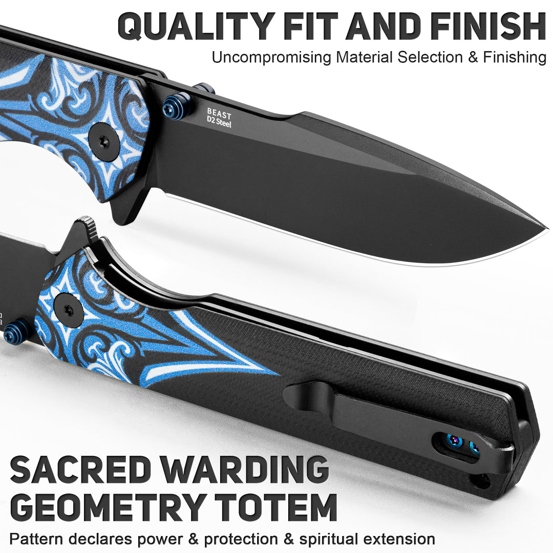 NedFoss BEAST 3.42" Black D2 Steel Folding Pocket Knife  with Blue Totem G10 Handle