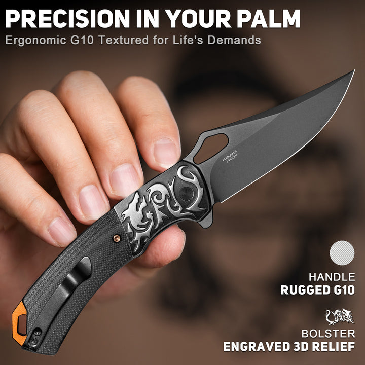 NedFoss PTEROSAUR 3.5" 14C28N Steel Folding Knife, Unique Dragon Embossing Bolster with G10 Handle