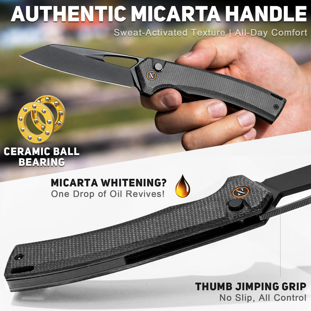 NedFoss BLACK MAMBA Pro EDC Folding Pocket Knife, 3.5" Razor Sharp 14C28N Reverse Tanto Blade, Upgraded Button Lock, Micarta Handle & Deep Carry Clip, Tactical Camping Knife Gift for Men & Women