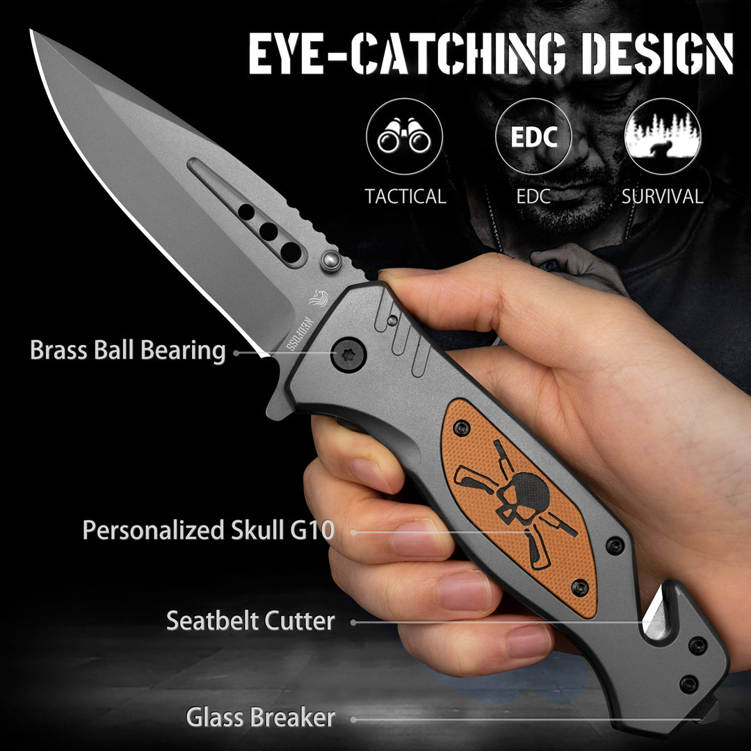 Tactical Folding Knife with Glass Breaker and Seatbelt Cutter, Pocket Clip, Skull G10 Handle