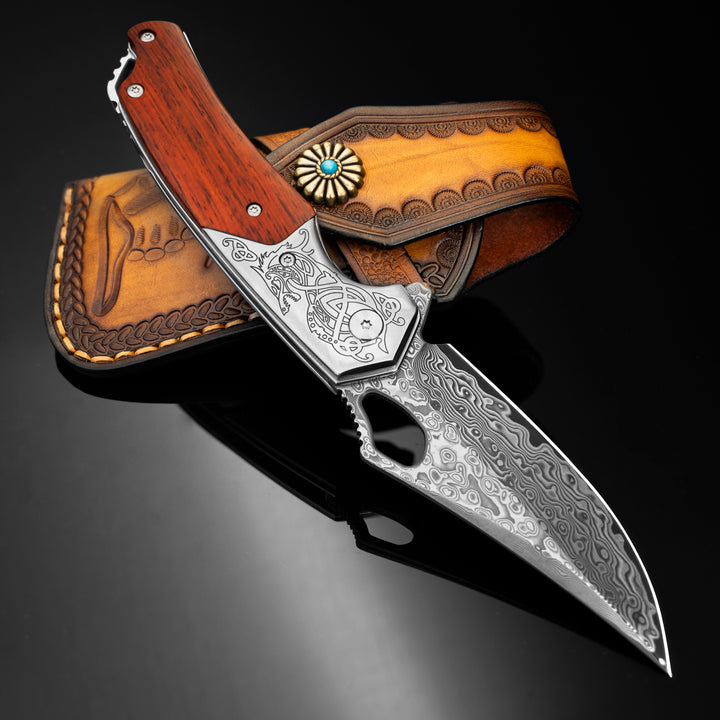 Pterosaur Damascus Pocket Knife, VG10 Damascus Steel Blade and Sandalwood Handle, Comes with Leather Sheath