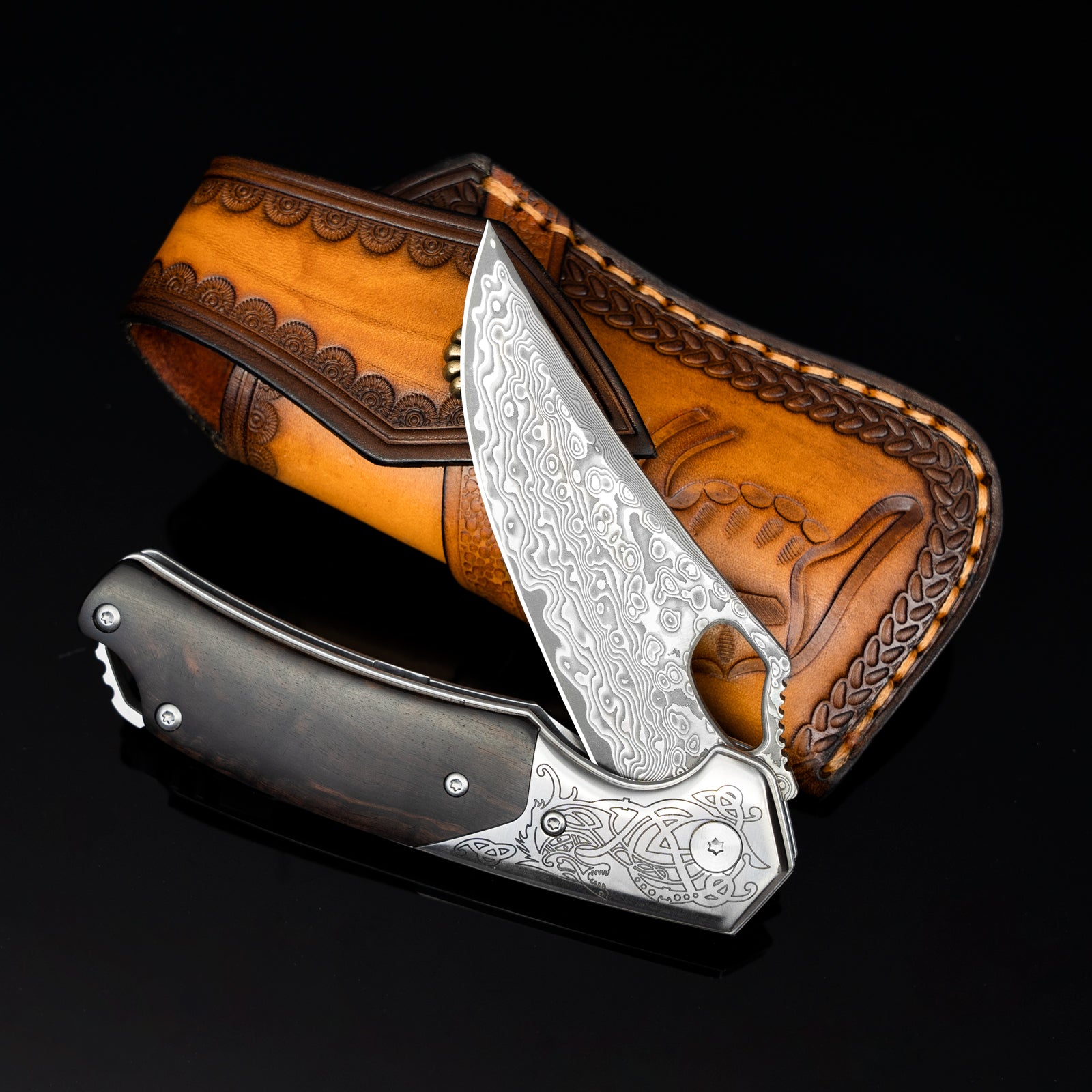 Pterosaur Damascus Pocket Knife,VG10 Damascus Steel Blade and