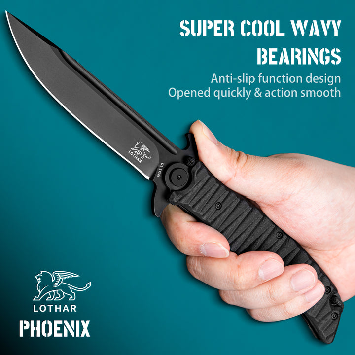 LOTHAR PHOENIX 5‘’ D2 Steel Blade Large Tactical Pocket Knife with Black G10 Handle, Flipper Assisted Opening