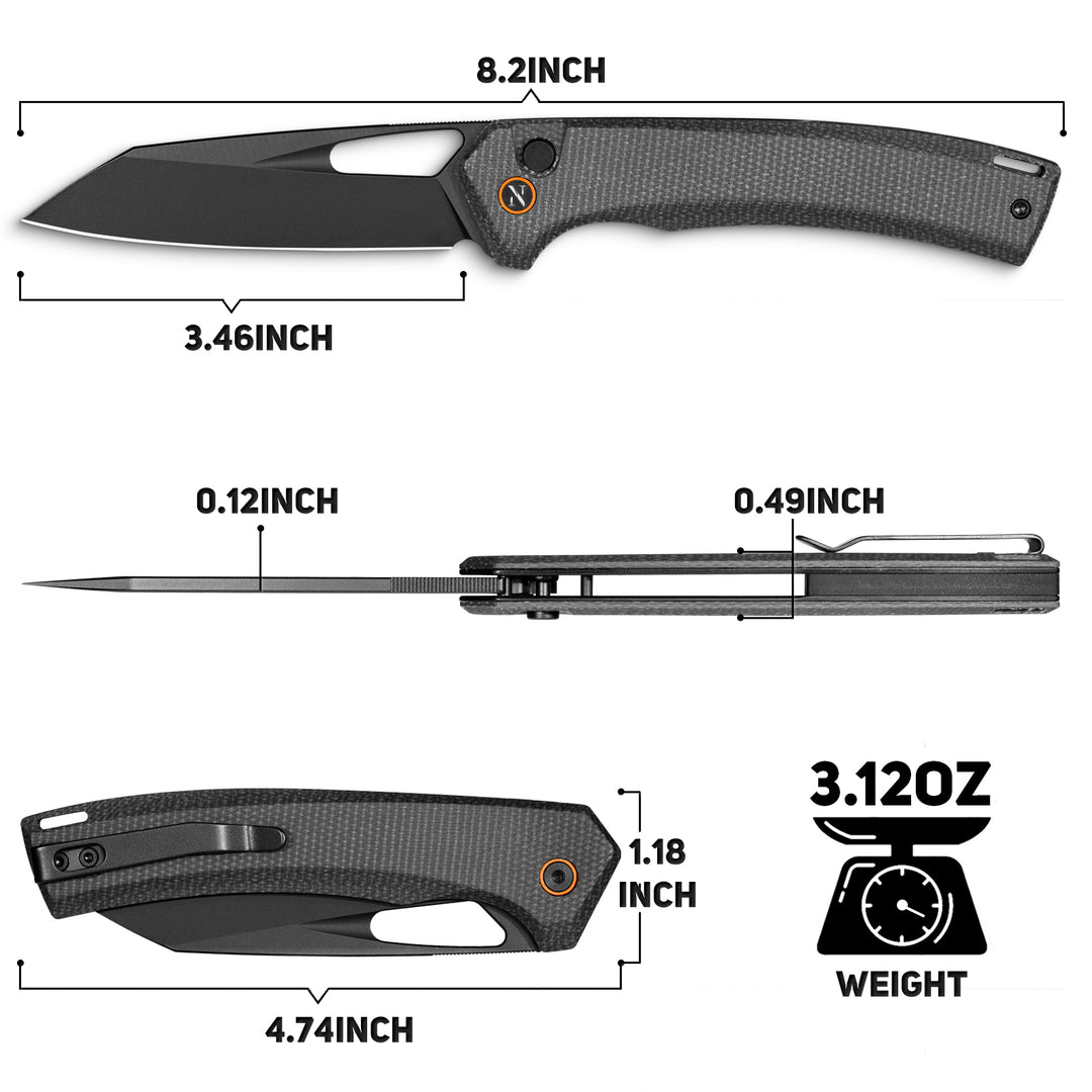 NedFoss BLACK MAMBA Pro EDC Folding Pocket Knife, 3.5" Razor Sharp 14C28N Reverse Tanto Blade, Upgraded Button Lock, Micarta Handle & Deep Carry Clip, Tactical Camping Knife Gift for Men & Women