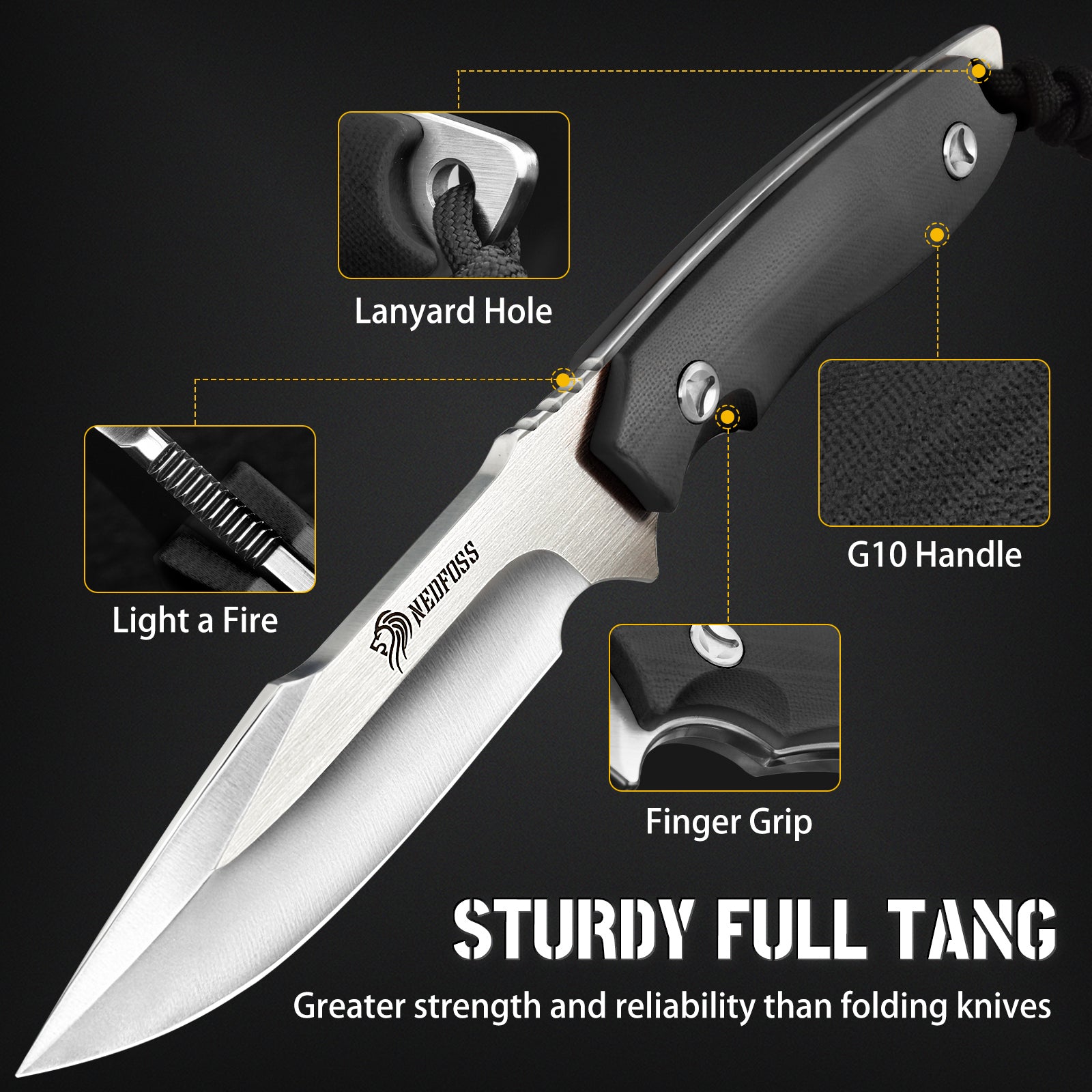 Free-Wolf Fixed Blade Survival Knife with G10 Handle, Comes with