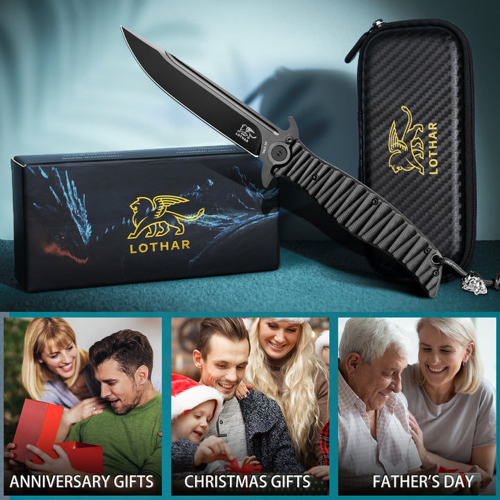 LOTHAR PHOENIX 5‘’ D2 Steel Blade Large Tactical Pocket Knife with Black G10 Handle, Flipper Assisted Opening