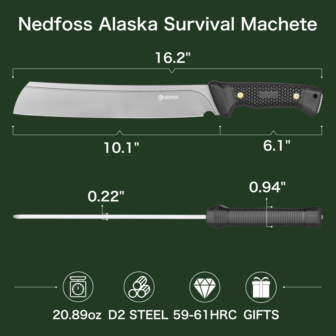 NedFoss 16" Survival Machete with Sheath, D2 Steel 0.22" Thick Blade Knife Machete with Flat Grinding