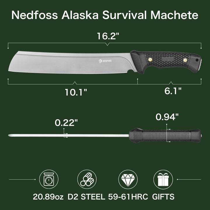 NedFoss 16" Survival Machete with Sheath, D2 Steel 0.22" Thick Blade Knife Machete with Flat Grinding